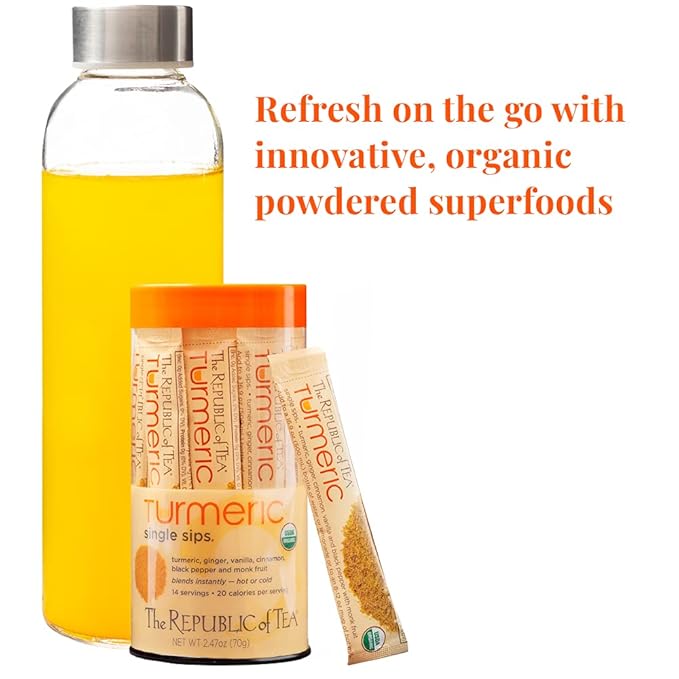The Republic of Tea Organic Turmeric Single Sips, Instant Turmeric Herbal Tea (14 Single-Serve Packets)