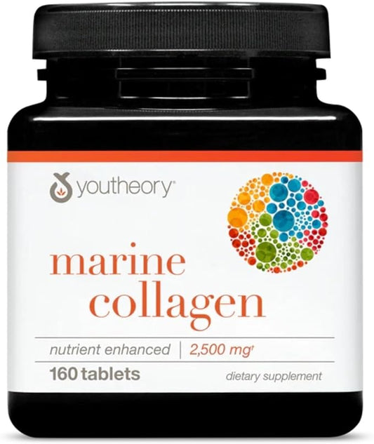 Youtheory Marine Collagen - 2,500 mg Hydrolyzed Collagen - Supports Skin* - Fish-Sourced Supplement with Vitamin C, A, E, B6, B12 & More - Highly Digestible & Absorbable - 160 Tablets