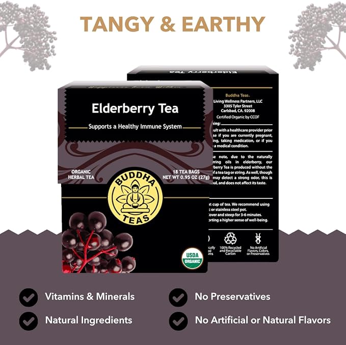 Buddha Teas - Organic Elderberry - Herbal Tea - For Health & Wellbeing - With Antioxidants & Minerals - Clean Ingredients - Caffeine Free - OU Kosher & Non-GMO - 18 Tea Bags (Pack of 1)