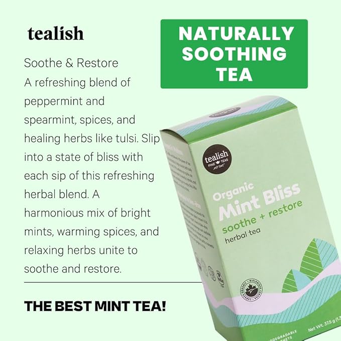 Tealish - Organic Mint Bliss Herbal Tea Sachets, 15 Biodegradable Tea Bags - Organic Herbal Tea Bags - Tea for Digestion, Sip After Meals, Relaxation and Calming Tea