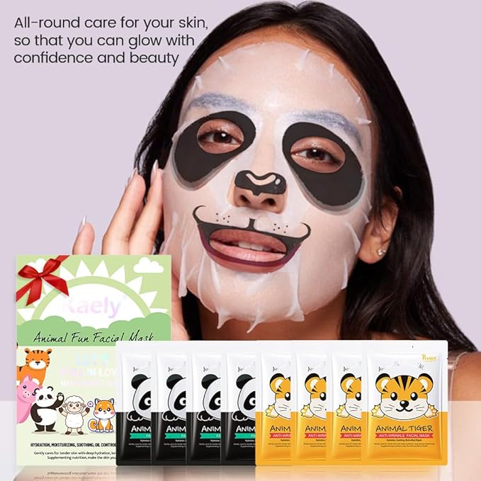 Kaely 8 Pack Animal Character Sheet Masks, Face Masks for Kids Teens Skin Care, Korean Soothe Facial Mask for All Skin Types, Girls Night Skincare Spa Party, Birthday Gifts for Women Men, Set03