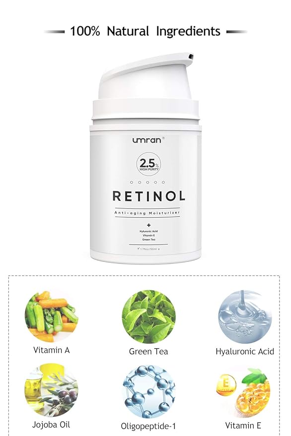 Umran Premium Retinol Cream, Anti-Aging Moisturizer Cream 2.5% for Face and Eye Care, Anti-Wrinkle Essence with Hyaluronic Acid, Day and Night Cream, Vitamin E and Green Tea, 50ml, 1.7 Fl.Oz…
