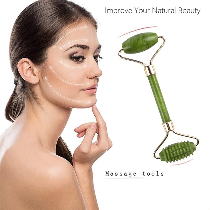 Jade Rollers for Face Beauty and Eyes Massage - Facial Massager for Anti Aging Wrinkles and Skin Rejuvenate - Natural Jade Crystal Derma Roller for Puffiness and Lift - Spiky Roller