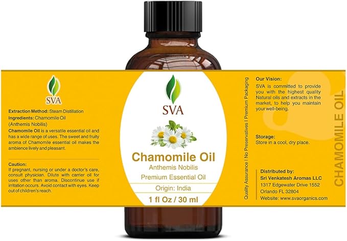 SVA Chamomile Essential Oil – 1 Fl Oz – 100% Natural Chamomile Oil - for Diffuser, Hair Care, Face, Skin Care, Aromatherapy, Scalp and Body Massage, Soap and Candle Making – with Dropper