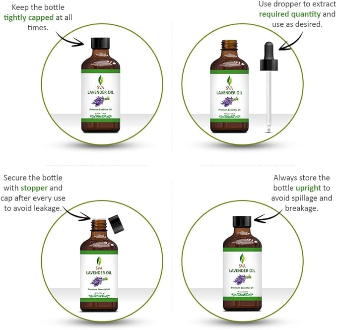 SVA Lavender Essential Oil – 4 Fl Oz – 100% Natural Lavender Oil - for Diffuser, Hair Care, Face, Skin Care, Aromatherapy, Scalp and Body Massage, Soap and Candle Making – with Dropper