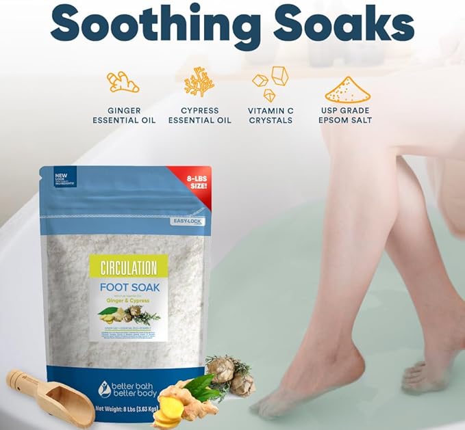 Circulation Foot Soak 128oz (8 Lbs) Epsom Salt Home Spa Soothing Soaks with Natural Ginger and Cypress Essential Oils Plus Vitamin C in BPA Free Pouch with Easy Press Lock Seal Made in USA