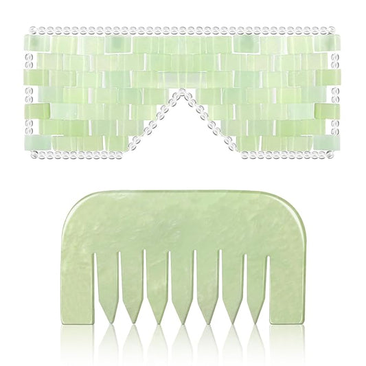 Jade Eye Mask and Jade Comb Set Includes Weighted Eye Mask to Eliminate Wrinkles Puffiness Headache and Migraine Relief Handheld Natural Jade Massage Comb for Head Caring Therapy