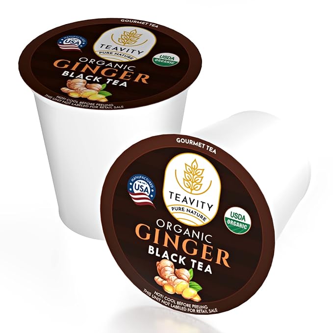 Organic Ginger Tea Pods for Keurig with Unsweet Black Tea for K Cup Brewing - Ginger Black Tea by Teavity (12 Tea Pods)