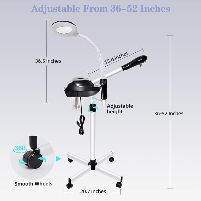 Professional 2 in 1 Facial Steamer on Wheels with 5X Magnifying Lamp and Ozone Facial Steamer for Deep Cleaning, Esthetician Use in Spa, Salon and Home