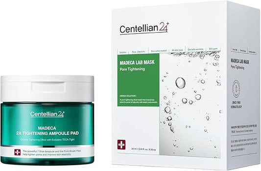 CENTELLIAN 24 Madeca Mask (Pore Tightening, 20pc) + Double Tightening Ampoule Pad (5.58fl oz x 60 pcs) - Korean Skin Care for Pore Minimizing, Sebum Control, Hydration & Exfoliation with Niacinamide