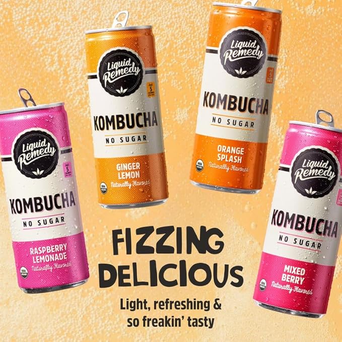 Liquid Remedy Kombucha Sugar Free Organic Drink, Low Calorie, Probiotic Like Tea for Gut Health - Fan Favorites Variety Pack - 8.5 Fl Oz Can, 24-Pack