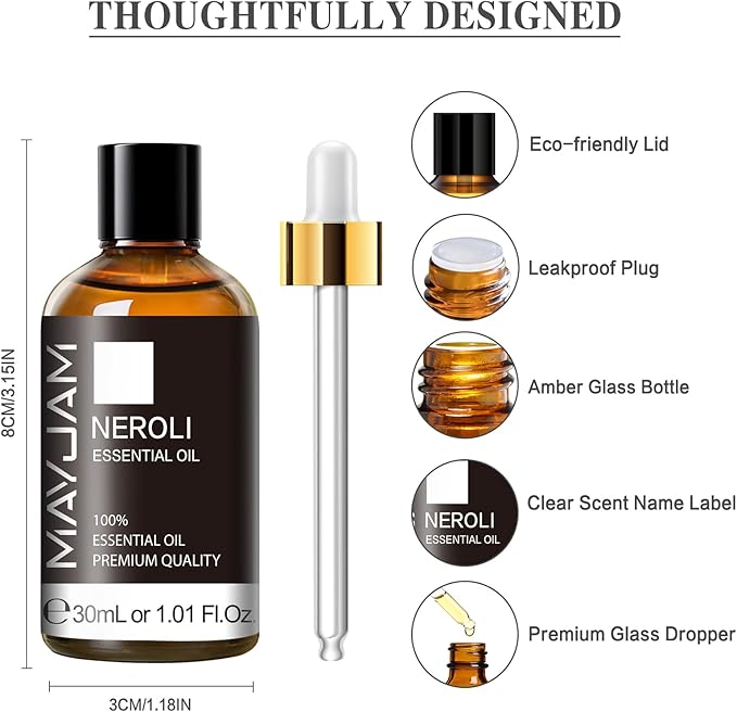 Neroli Essential Oil 30ML/ 1.01FL.OZ, MAYJAM Pure Neroli Oil for Massage, Diffuser, Soap Making, Long Lasting Scents