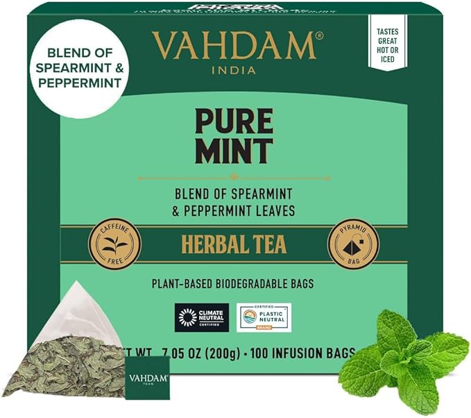 VAHDAM, Pure Mint Herbal Tea (100 Pyramid Tea Bags) Caffeine Free, Non GMO, Gluten Free | Blend of Spearmint & Peppermint - Sweet & Minty | Resealable Ziplock Pouch