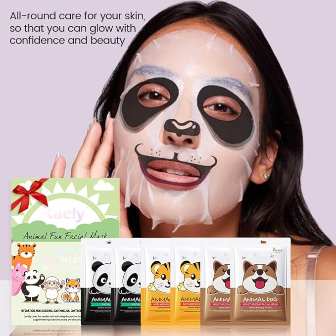 Kaely 6 Pack Animal Character Sheet Masks, Face Masks for Kids Teens Skin Care, Korean Soothe Facial Mask for All Skin Types, Girls Night Skincare Spa Party, Birthday Gifts for Women Men, Set01