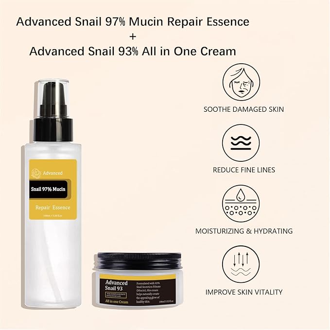 Snail Mucin Power Essence Set - Serum, Moisturizer & Eye Patch, Korean Skin Care for Hydrating, Dark Circles