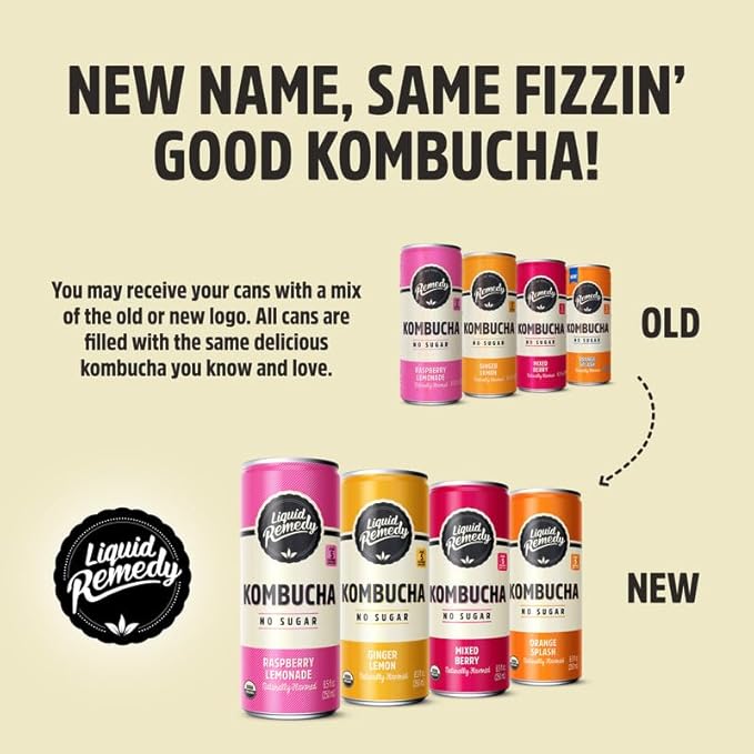 Liquid Remedy Kombucha Sugar Free Organic Drink, Low Calorie, Probiotic Like Tea for Gut Health - Fan Favorites Variety Pack - 8.5 Fl Oz Can, 24-Pack