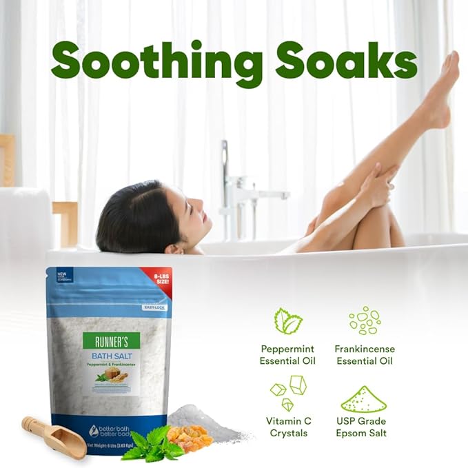 Runner's Bath Salt 128 Ounces (8 Lbs) Soothing Epsom Salt Bath Soaks with Natural Peppermint and Frankincense Essential Oils Plus Vitamin C in BPA Free Pouch with Easy Press Lock Seal Made in USA