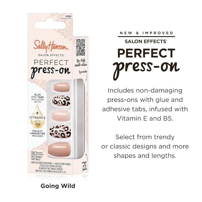 Sally Hansen Instant Cuticle Remover & Salon Effects Going Wild Press On Nails Kit - 15 Second Cuticle Gel with Aloe & 30 Nail Designs with Nail Glue