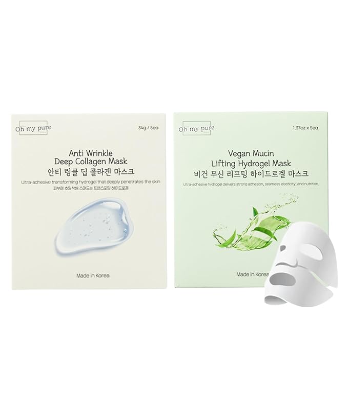 OHMYPURE Hydrogel Collagen Face Mask 5+5EA K-Beauty Luxury Bundle (AntiWrinkle 5ea, Vegan Mucin 5ea) (Variety 10)