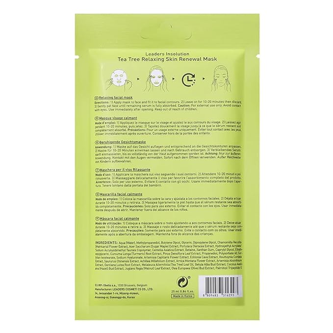 Leaders Insolution Tea Tree Relaxing Skin Renewal Mask | Soothing Facial Sheet for Acne, Oil Control, and Sensitive Skin | Hydrating Botanicals | Calms Redness, Smooth (5 Sheets)