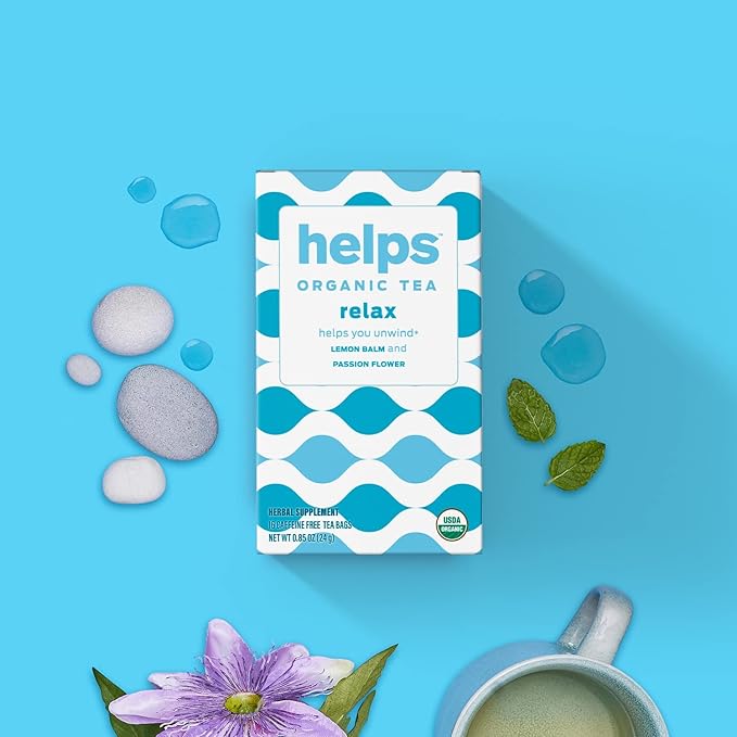 HELPS TEAS | Helps Relax Tea | Relaxing Organic herbal blend of Lemon Balm and Passionflower. Fights Anxiety To Rest Better and Helps You Unwind | 16 Tea Bags - Pack of 6 |