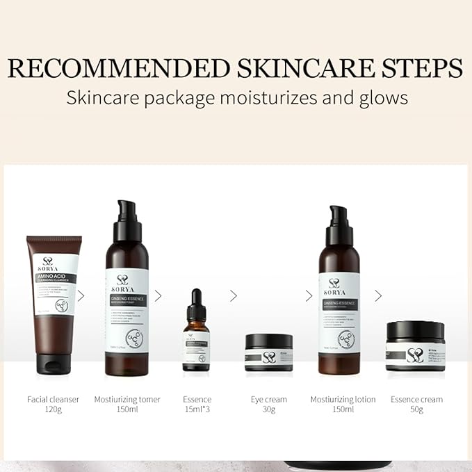 Korean Red Ginseng Skin Care Set of 8 Anti-Aging Skincare Routine Serum, Toner, Lotion Pore Cleanser, Hydrating Moisturizer For Most Skin Types