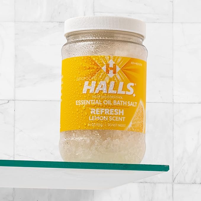 Halls Refresh Menthol with 100% Pure Essential Oils Aromatherapy Bath Salts, 16 oz, Eucalyptus, Menthol and Lemon Scent