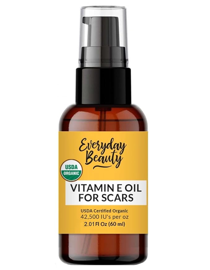 Organic Vitamin E Oil for Scars - USDA Certified 100% All Natural Plant Based 2.01 Fl Oz With Pump Top - Light & Unscented Great for Scars After Surgery - Reduce Wrinkles & Anti Aging