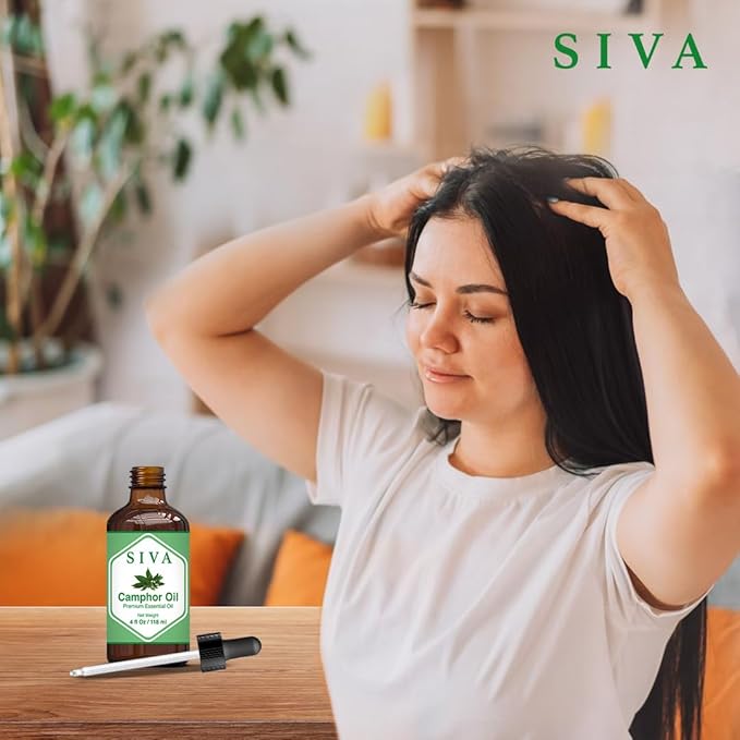Siva Camphor Essential Oil - 4 Fl Oz – Natural Camphor Oil - for Diffuser, Face, Skin Care, Aromatherapy, Hair Care, Scalp and Body Massage - with Dropper