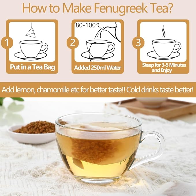 Premium 60 Fenugreek Tea Bags, Made with 100% Natural Fenugreek Methi Fenogreco Seeds, No Additives & Caffeine Free.