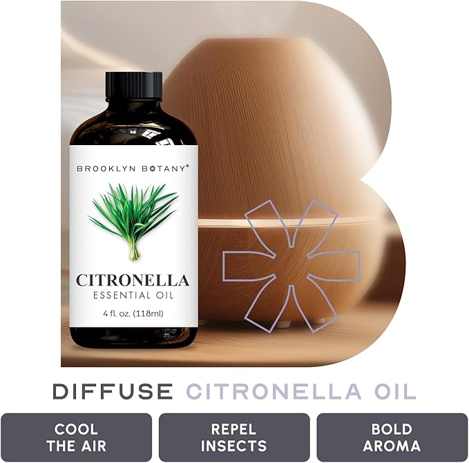 Brooklyn Botany Citronella Essential Oil – 100% Pure and Natural – Premium Grade Oil with Dropper - for Aromatherapy and Diffuser - 4 Fl Oz