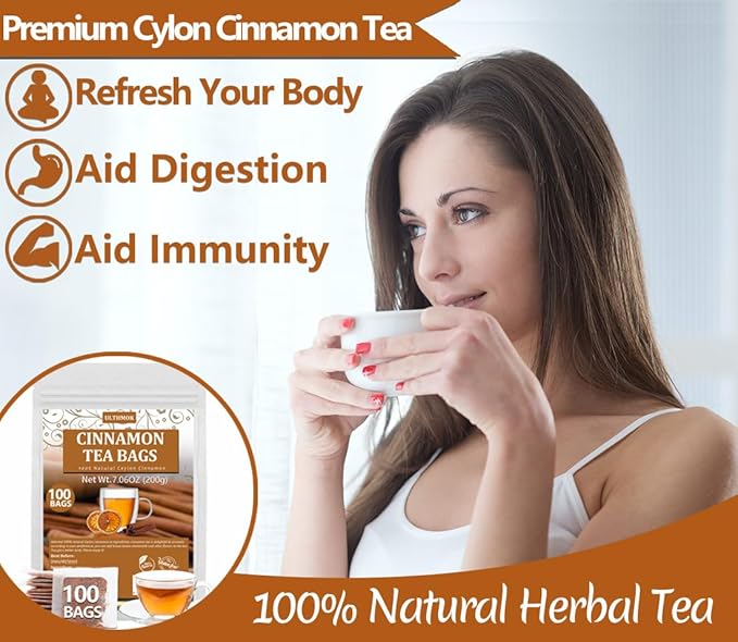 Premium 100 Pure Ceylon Cinnamon Tea Bags, Made with 100% Ceylon Cinnamon Sticks, No Additives & Caffeine Free.