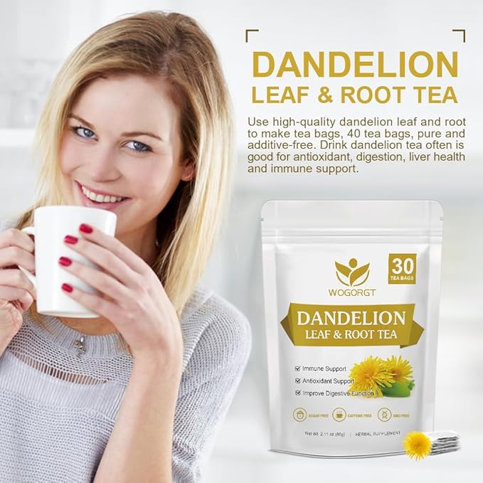 Organic Dandelion Leaf & Root Tea - Natural Dried Dandelion Herbal Tea for Liver Support, Antioxidant, Digestion and Immune Support, Caffeine Free - 30 Tea Bags