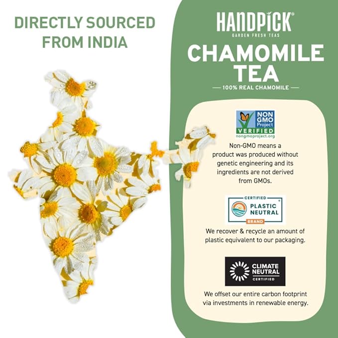 HANDPICK, Organic Chamomile Tea Bags (100 Herbal Tea Bags) Caffeine Free| Premium Floral Chamomile Herbal Tea in Eco-Conscious Teabags | Direct from Source