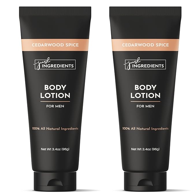 JUST INGREDIENTS Cedarwood Spice Body Lotion | 3.4 oz | 2 Pack | Hydrating Skin Care with Coconut Oil, Essential Oils, Jojoba Oil, Shea Butter | Non-Greasy Moisturizer for Men