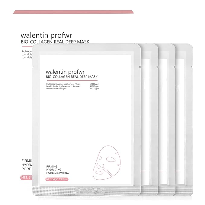 Collagen Mask Bio-Collagen Mask Deep Hydrating Overnight Collagen Sheet Masks Pore Minimizing Elasticity lmprovement Lifting Real Collagen Essence Hydrating Moisturizing Facial Mask Sheets 4 Packs