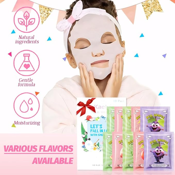 Kaely 10 Pack Fruit Face Masks for Kids, Kids Face Mask Spa Day kit Supplies, Spa Party Favors for Teens Girls Women, Sheet Facial Mask Skincare Gifts Set, Moisturize Soothe for All Skin Types, 04