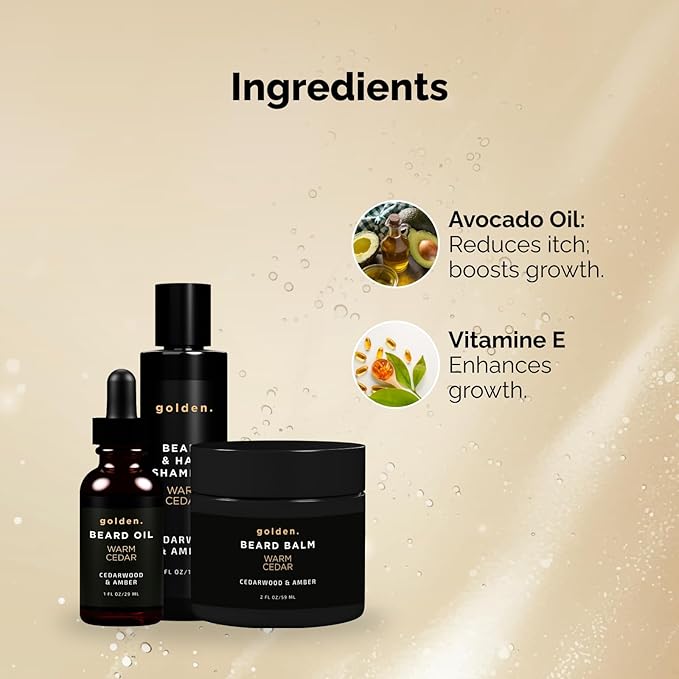 Golden Grooming Co. Everyday Beard Bundle – Complete Beard Care Set | Includes Beard Oil, Balm & Shampoo (Regular, Warm Cedar)