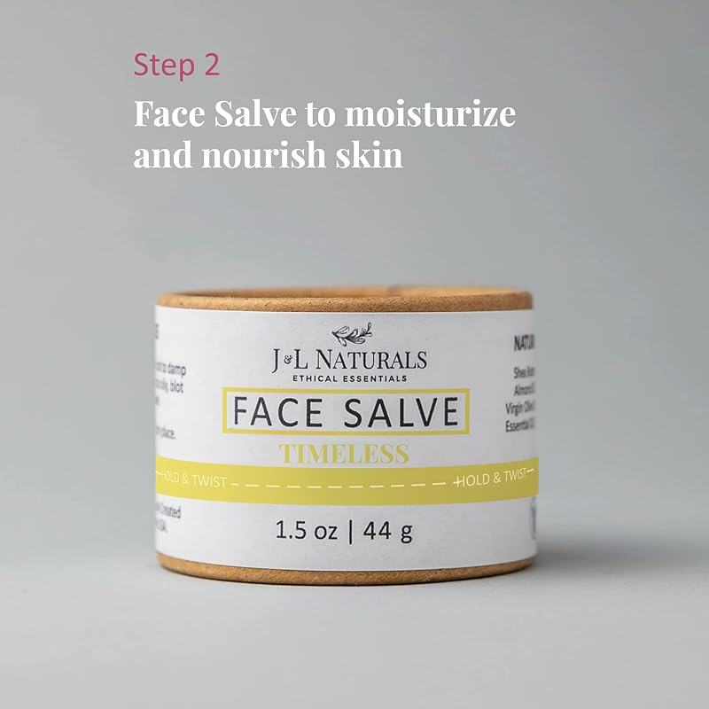 J&L Naturals Simple Skin Regimen Kit With Cleansing Bar, Face Salve, Konjac Sponge, Lip Balm | For Oily, Dry, Mature, and Combination Skin | Zero Waste (Timeless (mature skin), Simple)