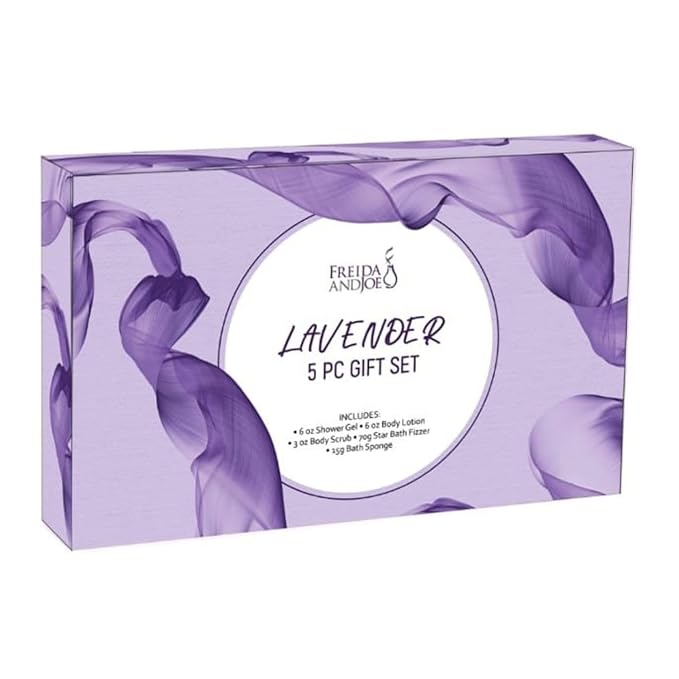 Freida & Joe Fragrance Bath & Body Collection Gift Box, Includes Shower Gel, Body Lotion, Body Scrub, Bath Bomb & Sponge (Lavender)