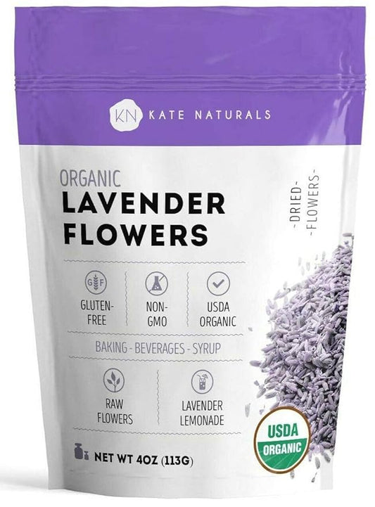 Kate Naturals Dried Lavender Flowers for Tea, Syrup, Lemonade, Soap Making. Edible Culinary Grade Buds (4oz, Organic, Food Grade)