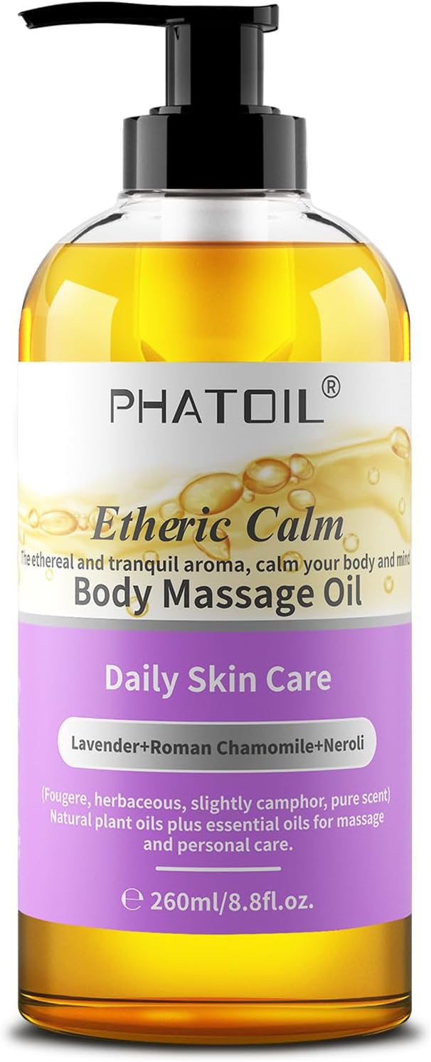 Etheric Calm Body Massage Oil 260 ml (8.8 fl.oz), Blends of Natural Plant Oils and Essential Oils for Massage and Skin Care, Body Oils for Women and Men