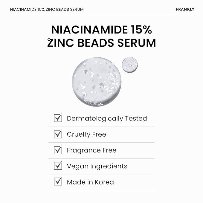 FRANKLY Niacinamide 15% & Zinc Beads Serum: Acne & Dark Spots Care, Oil Control, Even Skin Texture & Glow | Vegan & Cruelty-Free | Non-Comedogenic All skin types Korean Skincare | 1.01 fl.oz