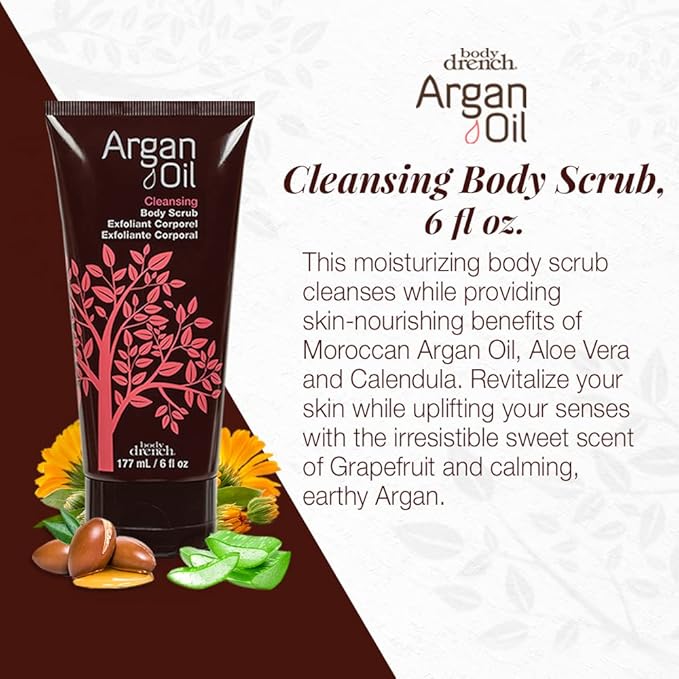 Body Drench Argan Oil Exfoliating Body Scrub – Deep Cleansing & Hydrating Skin Polish for Smooth, Radiant Skin, Removes Dead Skin Cells, 6 fl oz