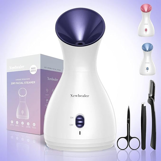 Newbealer 2in1 Facial Steamer, Hot Mist Facial Aromatherapy Humidifier Atomizer, Large Face Steamer Unclogs Pores Sinuses Moisturizing, Home Sauna Spa with Eyebrow Set (Purple, 170 ml)