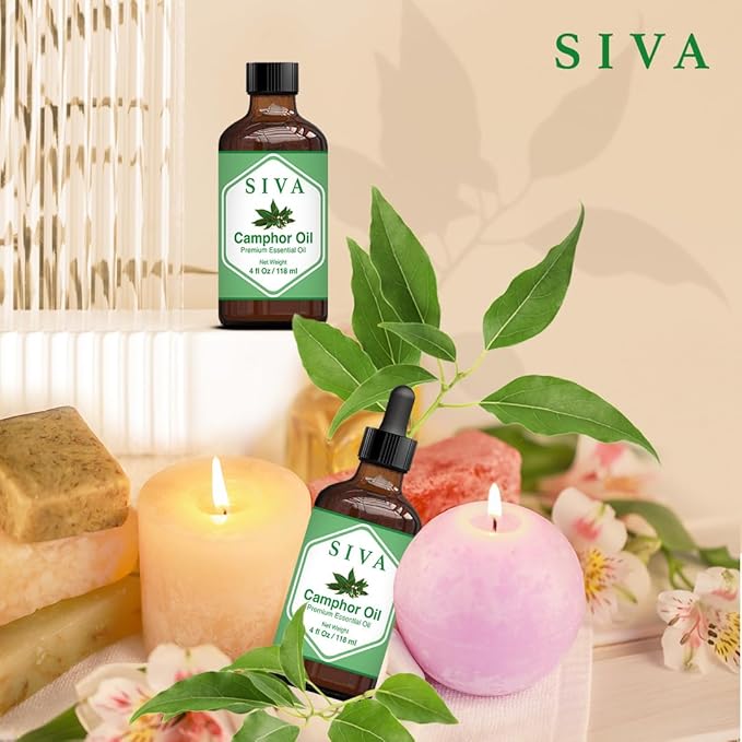 Siva Camphor Essential Oil - 4 Fl Oz – Natural Camphor Oil - for Diffuser, Face, Skin Care, Aromatherapy, Hair Care, Scalp and Body Massage - with Dropper