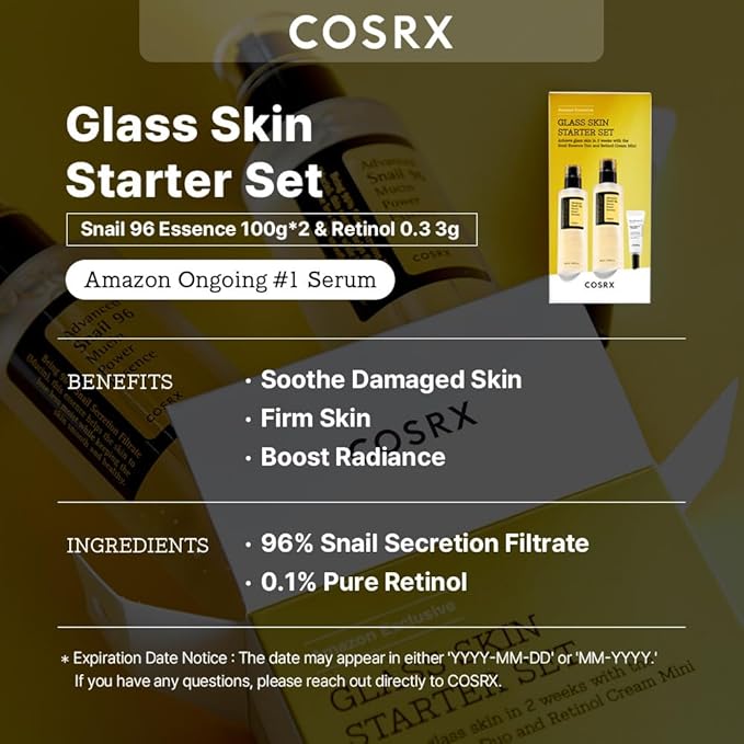 COSRX Glass Skin Starter Set + Hydrogel Mask 3EA- Snail 96% Essence Duo and Glass Glow Hydrogel Collagen Face Mask, Travel Essentials, Stocking Stuffers, Korean Skin Care