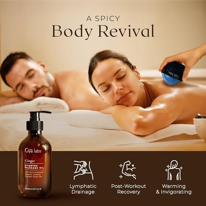 Gya Labs Ginger Massage Oil - 8.45 Fl Oz - 100% Pure Natural for Invigorating Muscle Comfort, Sore Muscle Ginger Massage Oil with Roller Ball for Skin - with Arnica, Vitamin E - Warming and Relaxing