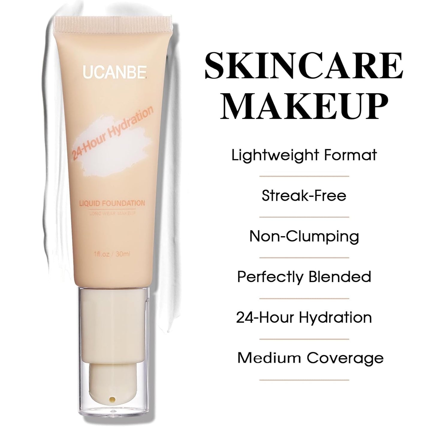 UCANBE White Liquid Foundation Makeup, Medium to Full Coverage Waterproof Longwear Serum Cream Foundation for Combination & Oily Mature Skin, Lightweight Hydrating & Nourishing, 1 fl. oz.