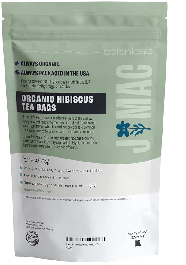 J Mac Botanicals, Organic Hibiscus Tea Bags (50 Count) - Certified by Organic Certifiers, Inc. - Quality Tea From Nile Valley, Egypt, Packaged in the USA